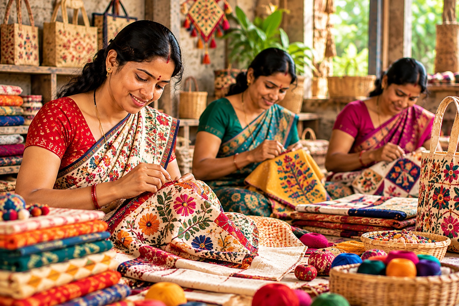 Illustrative portrait of an artisan weaving a basket by hand