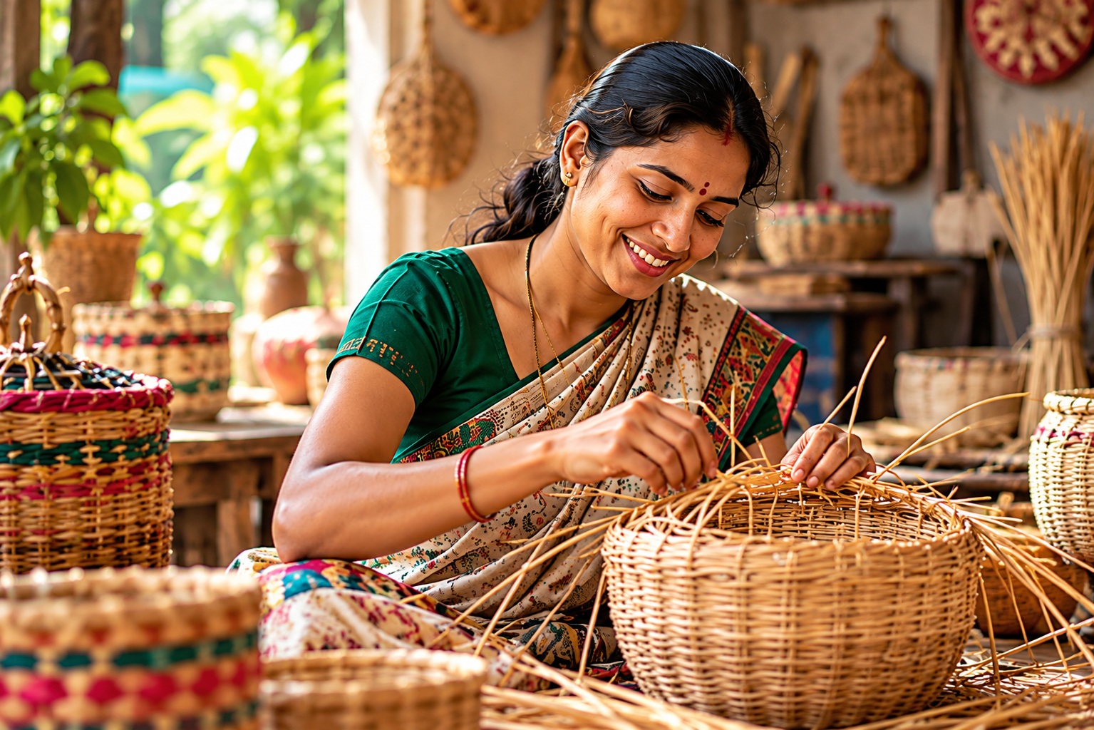 Illustrative close-up of hands weaving a handmade basket