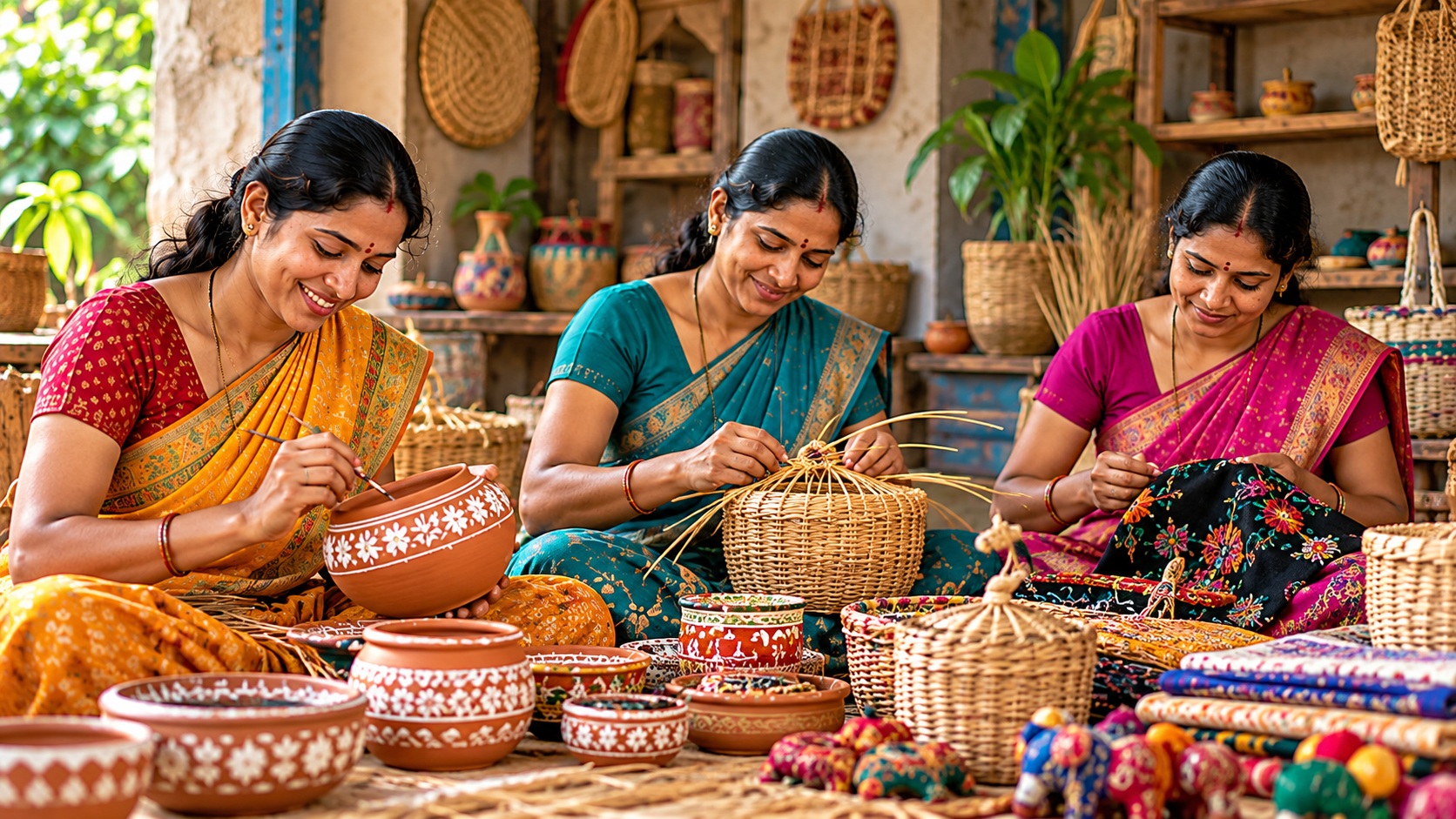 Illustrative portrait of women working together on handmade crafts